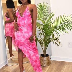 Pink Tie-Dye Asymmetric Halter Dress